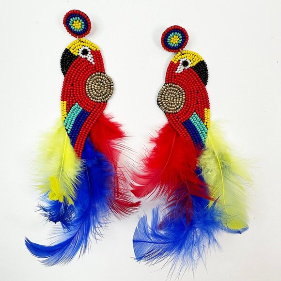 Colorful Bead and Feather Parrot Earrings pierced - Picture 2 of 5